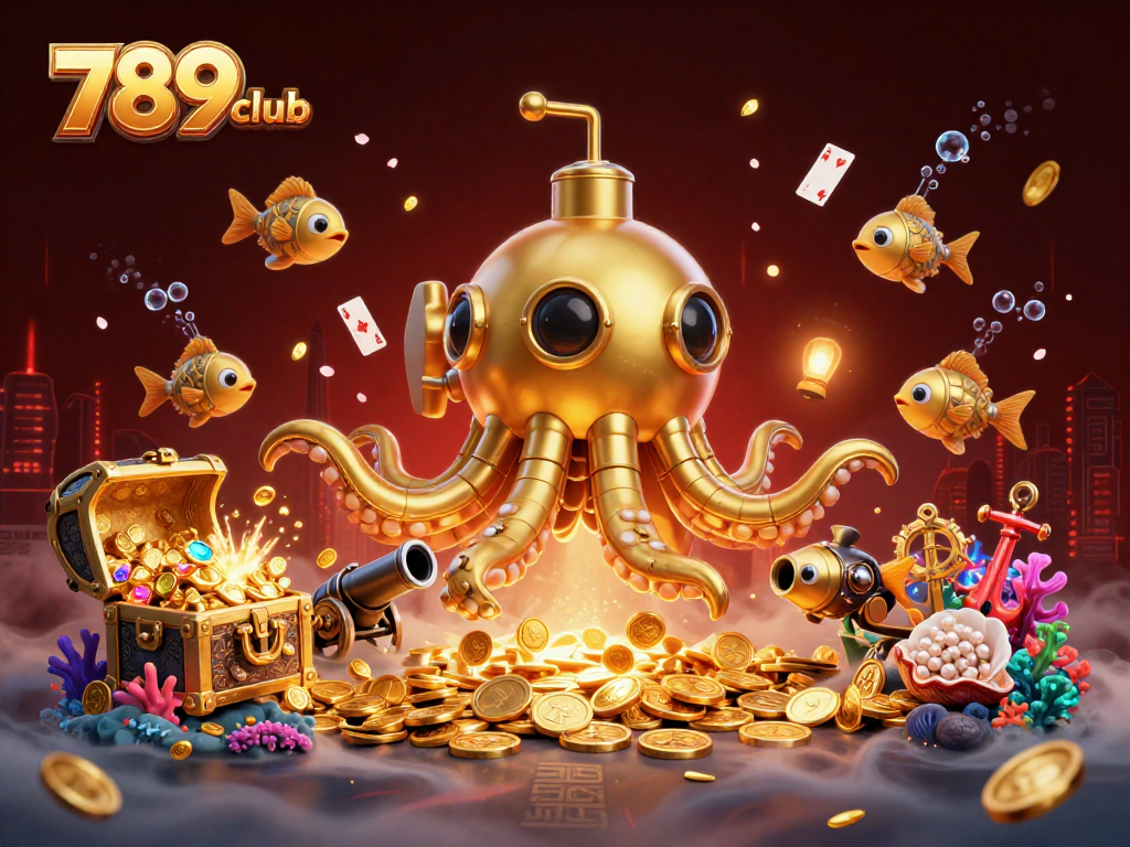 Engage in thrilling games at 789club with exciting casino elements, featuring a golden kraken and vibrant underwater treasures.