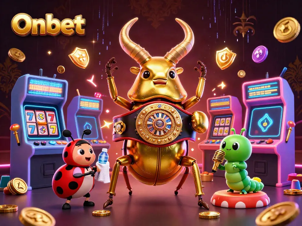Play games and win at Onbet with a 3D illustration of a golden stag beetle champion in a lively casino scene.