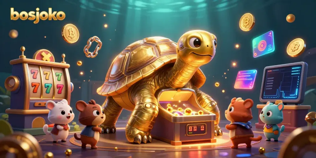 Experience the thrill of bosjoko slots with a vibrant scene of a pinball tortoise and excited players.