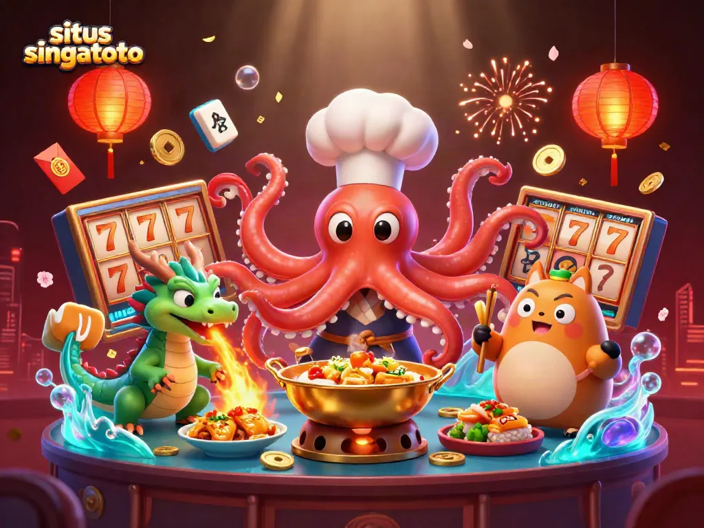Experience thrilling spins with situs singatoto in this vibrant online casino illustration showcasing slot reels.