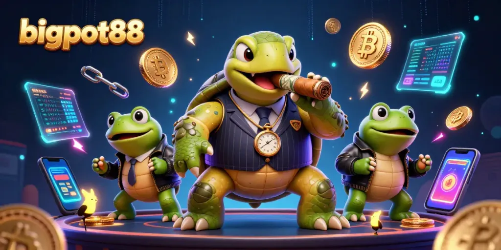 bigpot88 memberikan nuansa kasino modern dengan karakter kura-kura dan katak dalam ilustrasi 3D menarik.