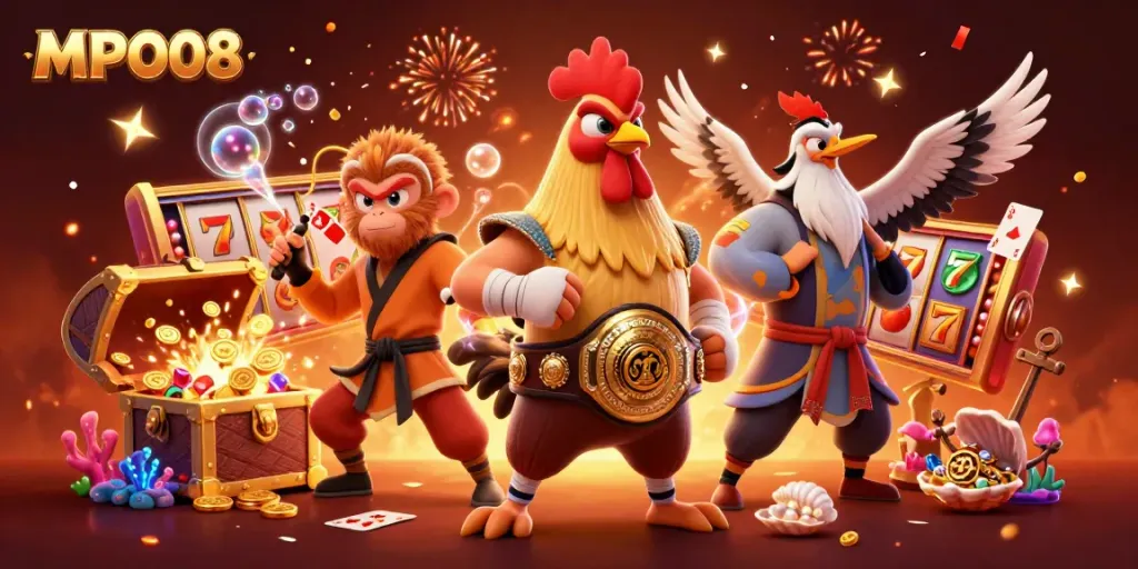 MPO08 showcases a vibrant casino scene with a Muay Thai rooster, Shaolin monkey, and crane master amidst exploding treasures.