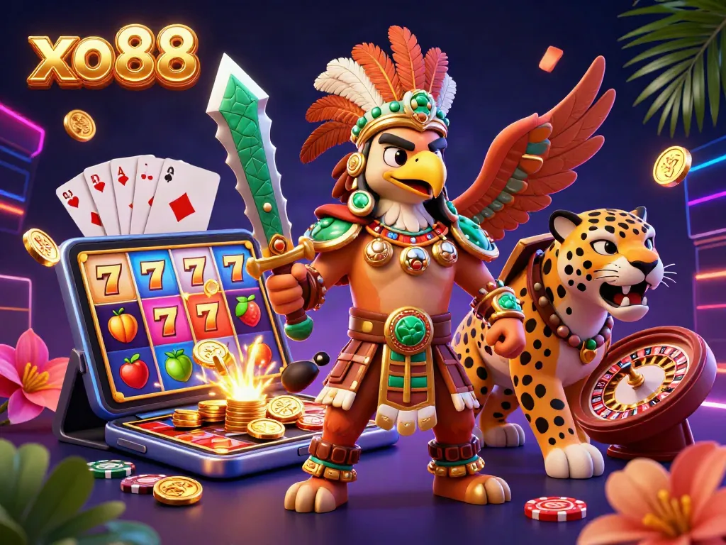 Experience the thrilling gameplay at xo88 with a vibrant 3D casino scene featuring Aztec warriors and slot reels.