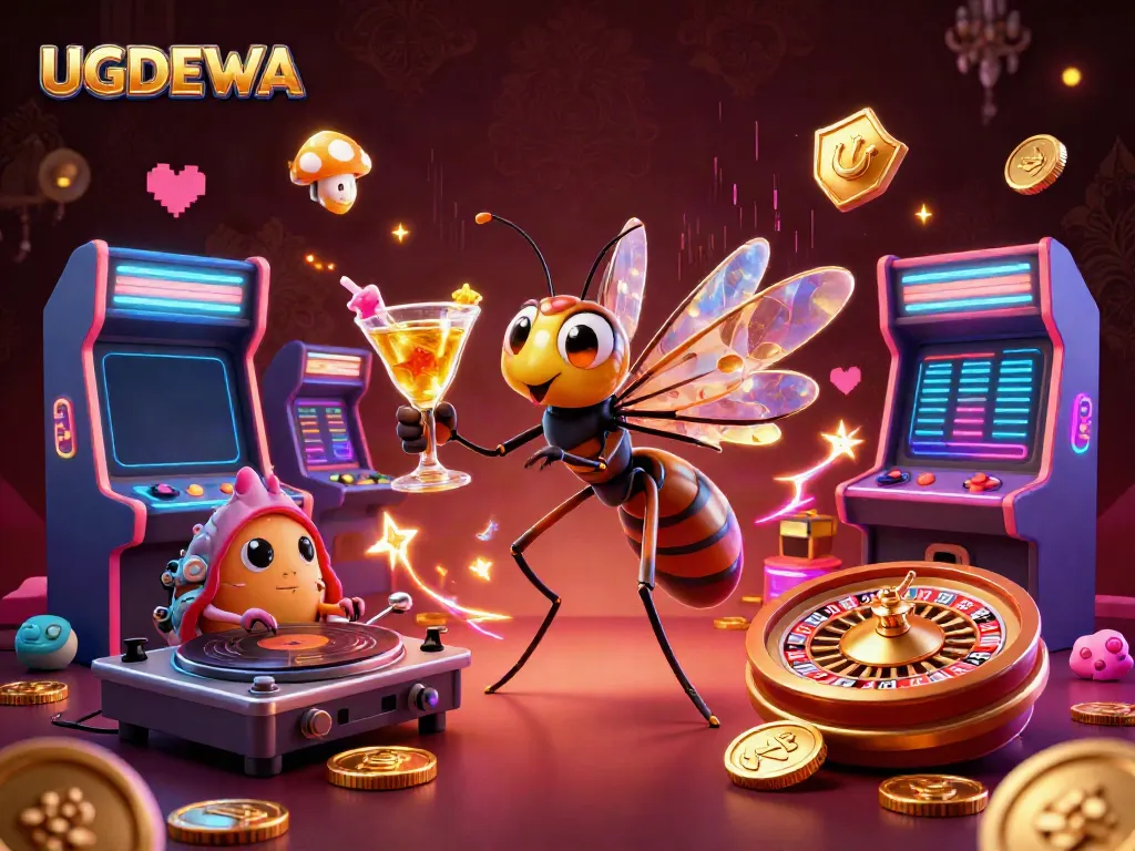 Engage with UGDEWA's vibrant casino experience through unique characters in an animated gaming scene.
