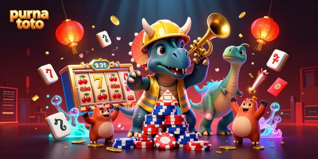 Menyusun piramida chip poker di purna toto dengan dinosaur kartun merayakan kemenangan.