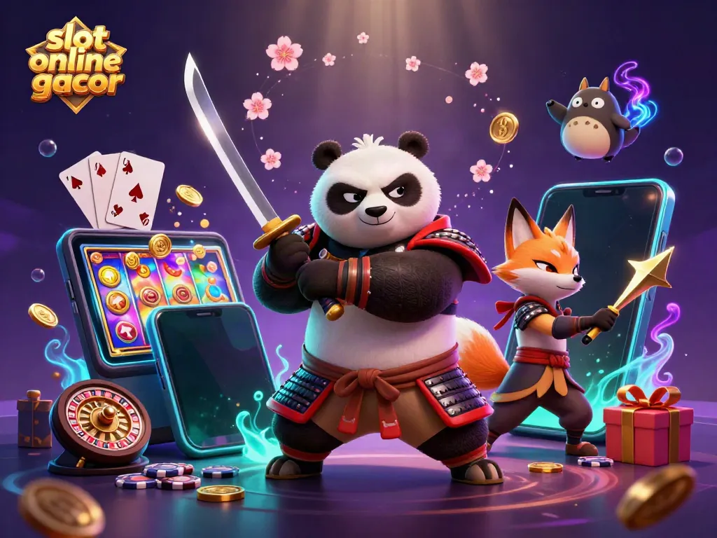 Experience thrilling gameplay with slot online gacor featuring a samurai panda, ninja fox, and magical spirit among dynamic casino elements.