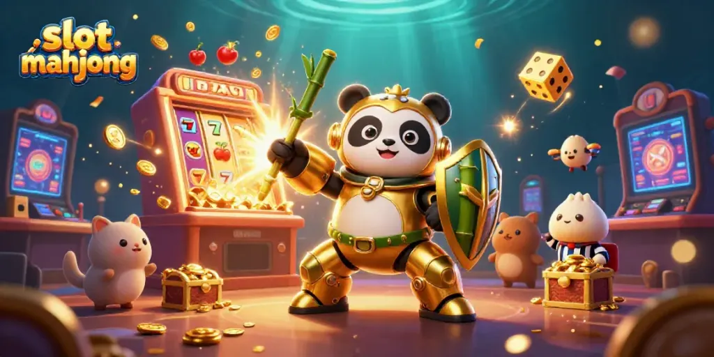 Slot mahjong menampilkan panda emas berpakaian mekanik, robot tempur dan mesin slot penuh koin