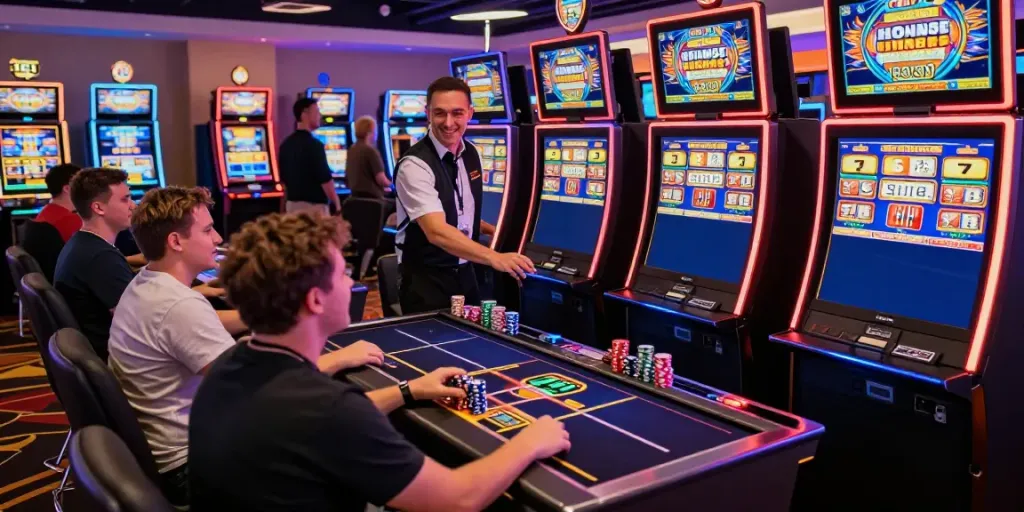 Players enjoying bro138 slot games in a lively casino atmosphere filled with excitement.