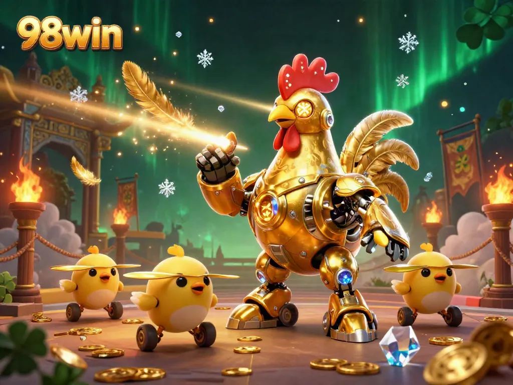 Experience thrilling betting action at 98win with golden rooster and baby chick drones in a dynamic casino arena.