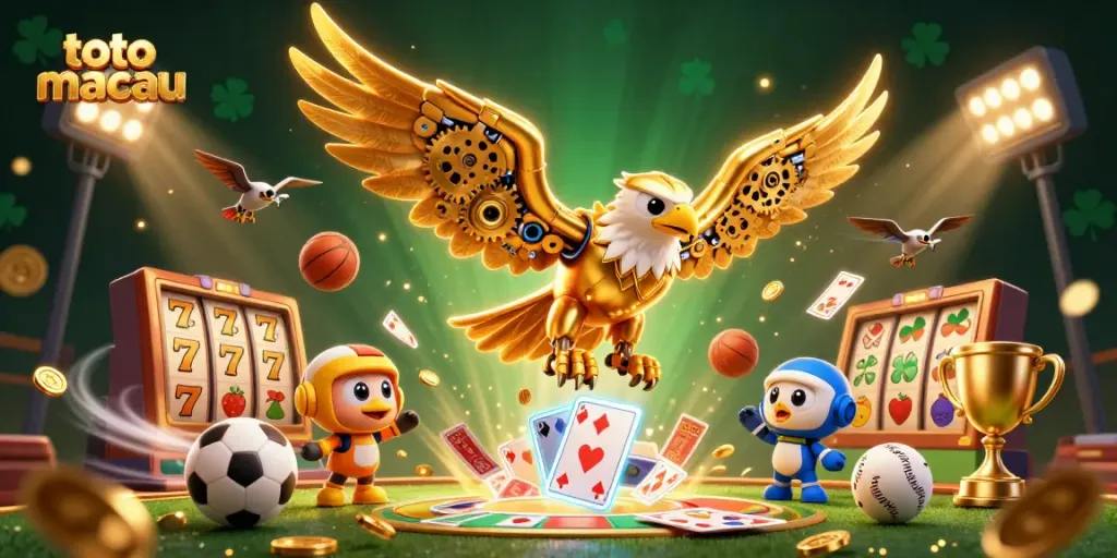 Gambarlah toto macau dalam ilustrasi 3D dinamis dengan burung elang robotik dan kartu bermain holografik di sekitar.