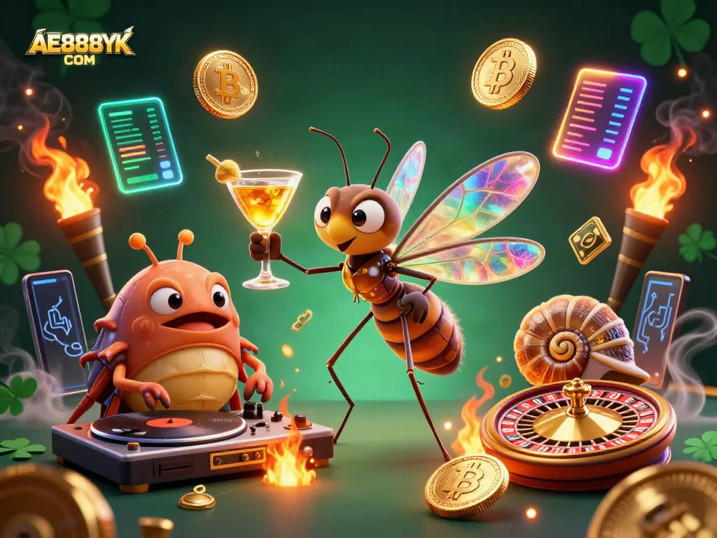 Engage with AE888YK COM as the lively casino mascot meets DJ trilobite in a vibrant gambling scene.