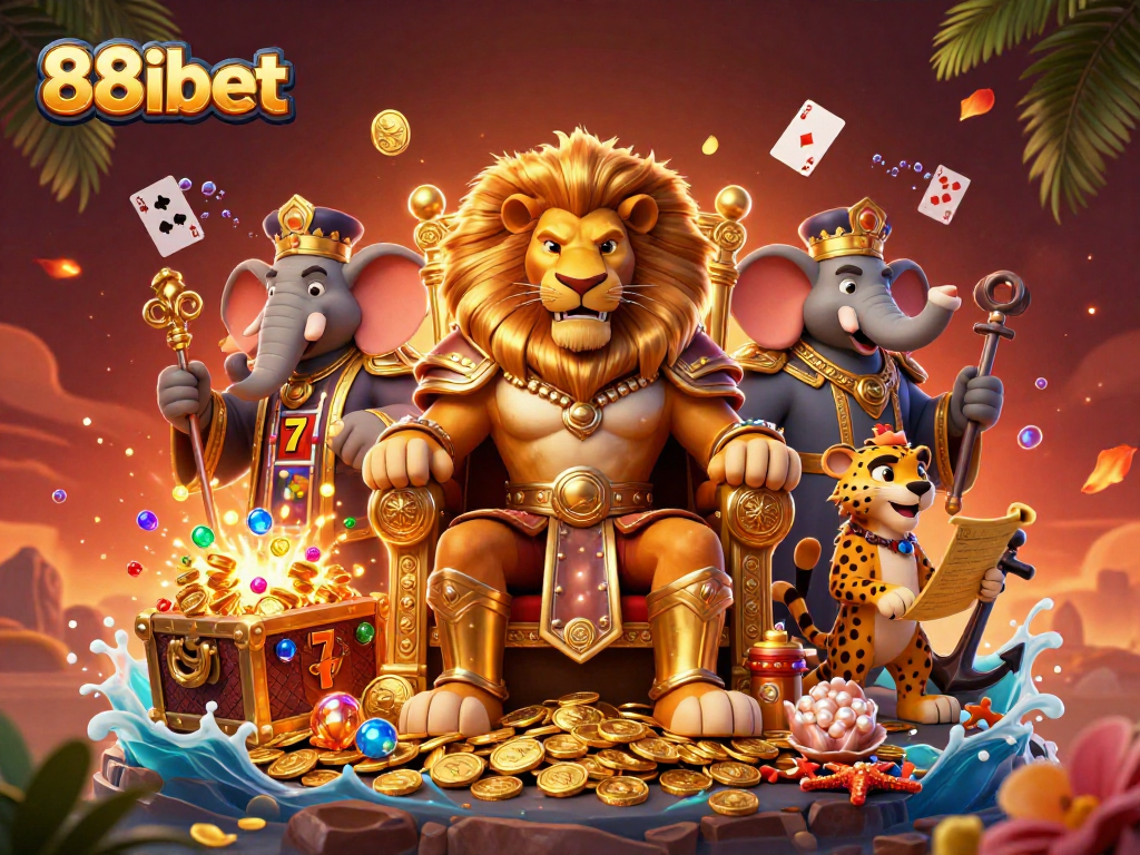 Experience the thrill of 88ibet with vibrant illustrations of royal characters amidst a lively casino atmosphere.