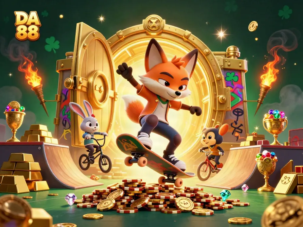 Engage with the DA 88 casino adventure featuring a cartoon fox and rabbit amidst golden treasures.