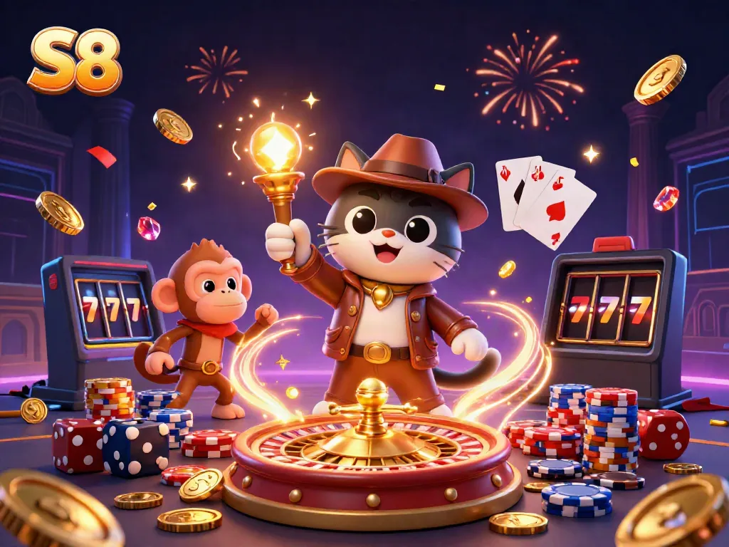 Experience the thrill of S8 with a 3D casino adventure featuring a cat explorer and dynamic gaming elements.