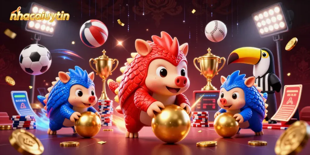nhacaiuytin pangolins competing in a vibrant casino scene filled with golden chips and sports elements