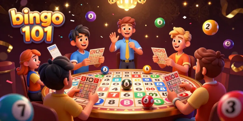 Permainan bingo 101 dengan suasana pesta, bola bingo berwarna-warni, dan pemain antusias.