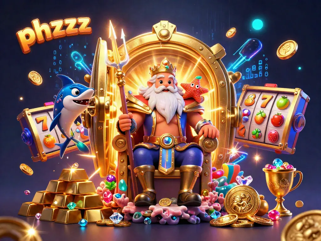 Experience the thrill of gaming at phzzz with Neptune and his treasure in a vibrant casino scene.